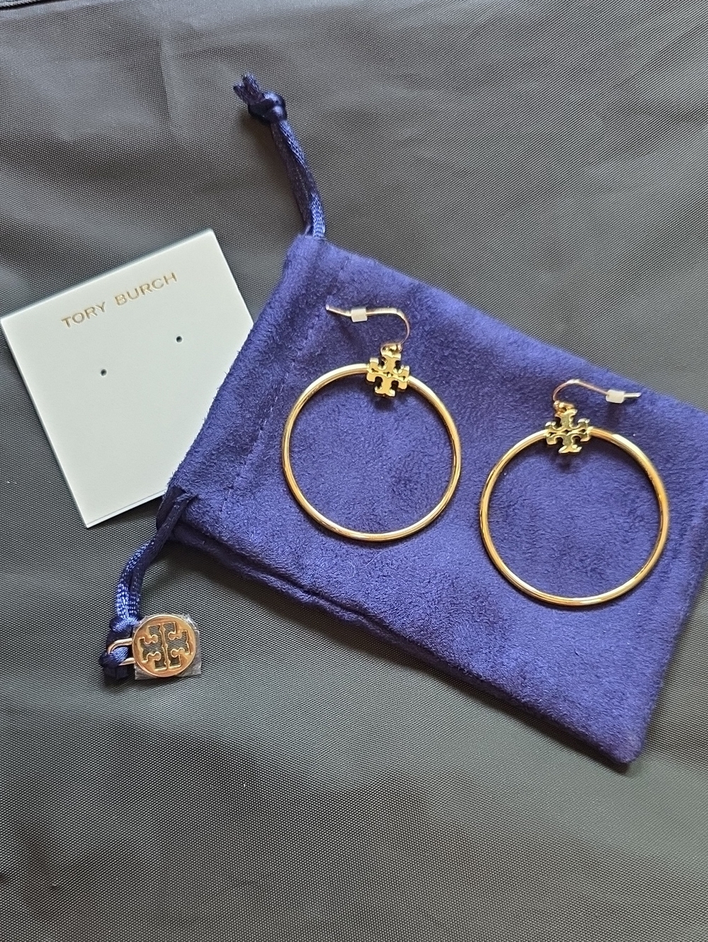 Tory Burch Gold Tone Stacked T Logo Hoop Earrings